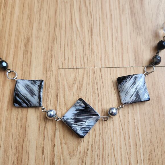 Black White Acrylic Geometric Bead Necklace Clear Crystal Gunmetal Statement - Picture 2 of 8